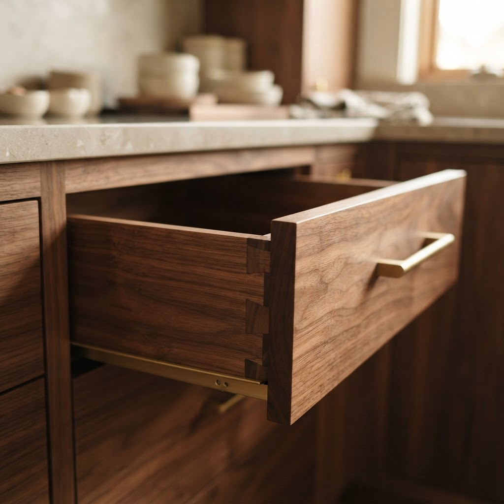 Detail of finely crafted cabinet joinery and brass hardware